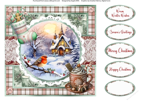 Christmas Robins & Cardinals 10: Robin & Snowy Church Scene 8 x 8 Quick Card Front with Sentiments