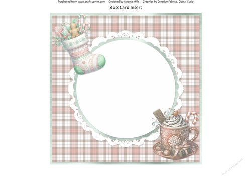Christmas Robins & Cardinals 10: Christmas Stocking/Cocoa 8 x 8 Card Insert with Antique Rose/Taupe Check Background