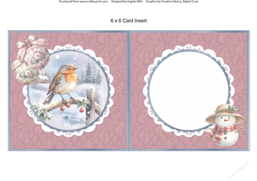 Christmas Robins & Cardinals 11: Robin in Snowy Scene 6 x 6 Card Insert with Burgundy Leaves Background