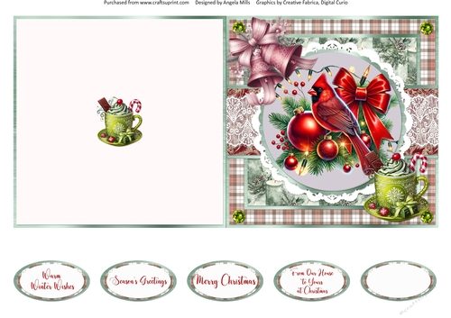 Christmas Robins & Cardinals 12: Cardinal with Baubles 5 x 5 Quick Cut & Fold Card with Sentiments