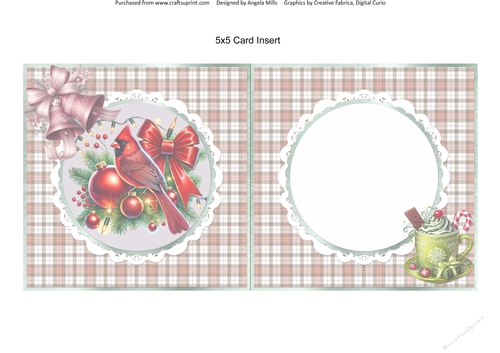 Christmas Robins & Cardinals 12: Cardinal with Baubles 5 x 5 Card Insert with Antique Rose/Taupe Check Background