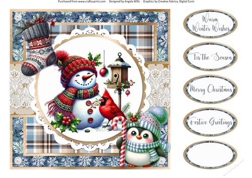 Christmas Robins & Cardinals 13: Snowman & Cardinal 8 x 8 Quick Card Front with Sentiments