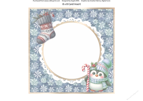 Christmas Robins & Cardinals 13: Cute Penguin 8 x 8 Card Insert with Blue Snowflakes Background
