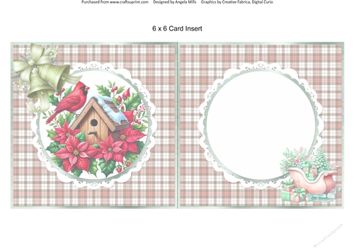 Christmas Robins & Cardinals 14:  Cardinal on Poinsettia Bird House 6 x 6 Card Insert with Antique Rose/Taupe Check Background