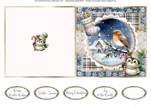 Christmas Robins & Cardinals 15: Robin & Church Snowy Scene 5 x 5 Quick Cut & Fold Card with Sentiments