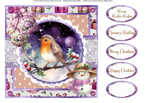 Christmas Robins & Cardinals 16: Robin Snowy Scene 8 x 8 Quick Card Front with Sentiments