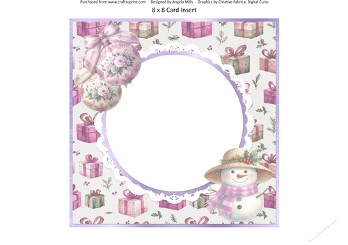 Christmas Robins & Cardinals 16: Cute Snowman & Baubles 8 x 8 Card Insert with Lilac/Peach Gift Boxes Background