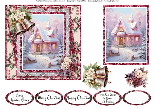 Home for Christmas 8: Snowy Cottage 6 x 6 Card Front with Topper, Decoupage & Sentiments