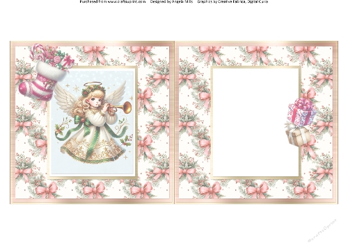 Christmas Eve 11: Christmas Angel 6 x 6 Card Insert with Green/Pink Floral Bows Background