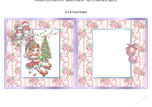 Christmas Eve 14: Elfie Girl 6 x 6 Card Insert with Pink Stripes/Candy Canes Background