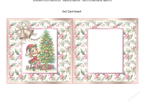 Christmas Eve 15: Elfie Girl 5 x 5 Card Insert with Pink & Green Holly Berries Background