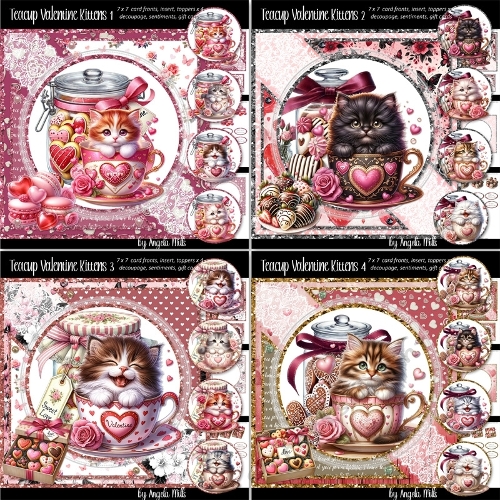 Teacup Valentines Kittens 1 to 4 Bumper Kit: Four 7 x 7 Card Mini Kits, 24 A4 Sheets