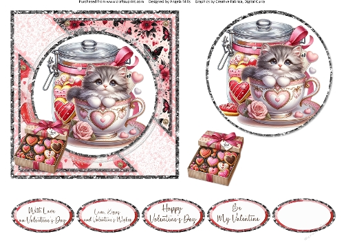 Teacup Valentines Kittens 5: 6 x 6 Card Front with Topper, Decoupage & Sentiments