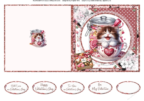Teacup Valentines Kittens 6: 5 x 5 Quick Cut & Fold Card with Sentiments