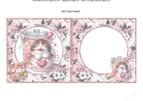 Teacup Valentines Kittens 6: 5 x 5 Card Insert with Pink/Grey Floral Background