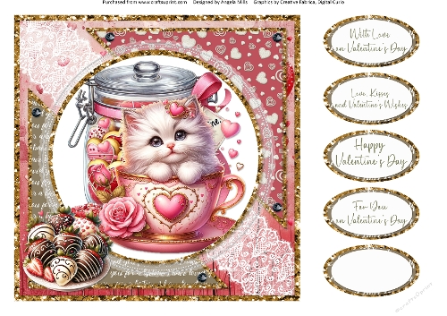 Teacup Valentines Kittens 7: 8 x 8 Quick Card Front with Sentiments