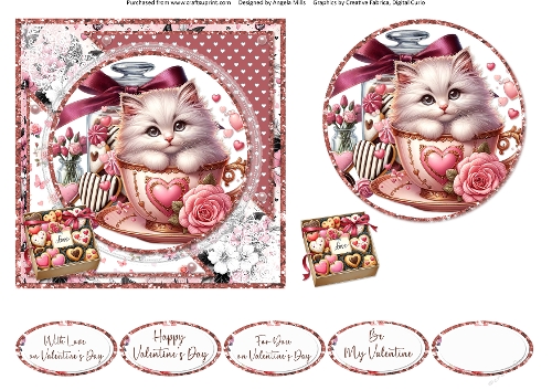 Teacup Valentine Kittens 8: 6 x 6 Card Front with Topper, Decoupage and Sentiments