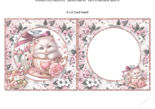 Teacup Valentine Kittens 8: 6 x 6 Card Insert with Pink/Grey Floral Background