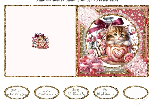 Teacup Valentines Kittens 9: 5 x 5 Quick Cut & Fold Card with Sentiments