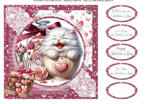 Teacup Valentines Kittens 10: 8 x 8 Quick Card Front with Sentiments