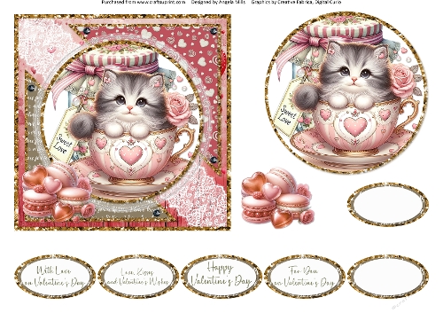 Teacup Valentines Kittens 11: 6 x 6 Card Front with Topper, Decoupage and Sentiments