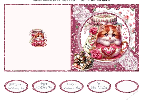 Teacup Valentines Kittens 12: 5 x 5 Quick Cut & Fold Card with Sentiments