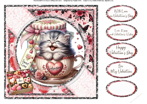 Teacup Valentines Kittens 13: 8 x 8 Quick Card Front with Sentiments