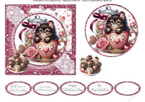 Teacup Valentines Kittens 14: 6 x 6 Card Front with Topper, Decoupage and Seniiments
