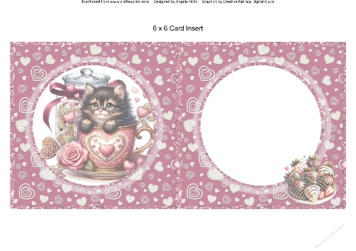 Teacup Valentines Kittens 14: 6 x 6 Card Insert with Wine/Ivory Hearts Background