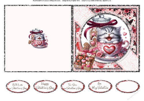 Teacup Valentines Kittens 15: 5 x 5 Quick Cut & Fold Card with Sentiments