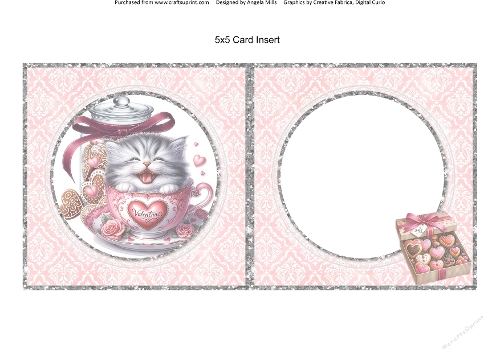 Teacup Valentines Kittens 15: 5 x 5 Card Insert with Pink/White Damask Background
