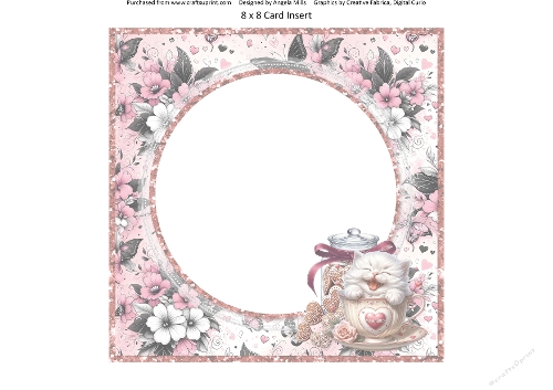 Teacup Valentines Kittens 16: 8 x 8 Card Insert with Pink & Grey Floral Background