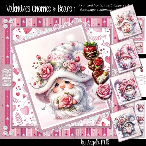 Valentines Gnomes & Bears 1: White Gnome/Pink Roses 7 x 7 Card Mini-Kit, 6 A4 Sheets