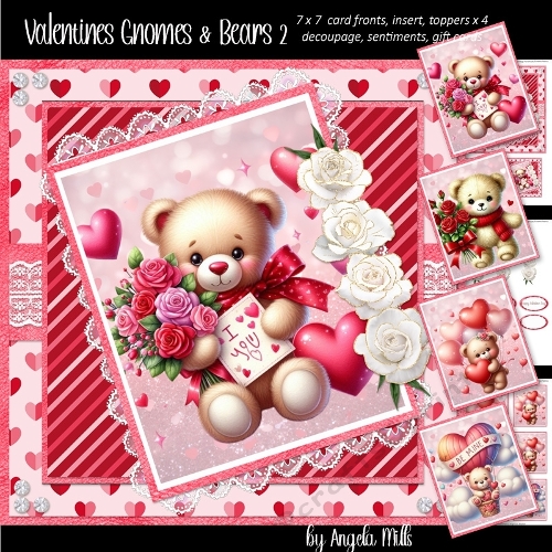 Valentines Gnomes & Bears 2: Rose Bouquet Bear 7 x 7 Card Mini-Kit, 6 A4 Sheets