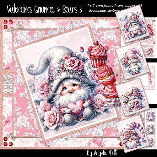 Valentines Gnomes & Bears 3: Silver Gnome & Cupcakes 7 x 7 Card Mini-Kit, 6 A4 Sheets