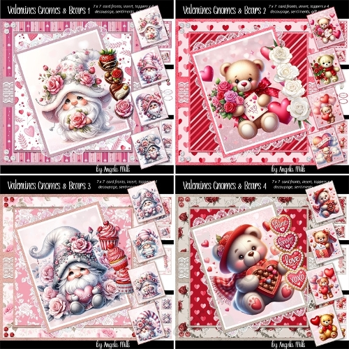 Valentines Gnomes & Bears 1 to 4 Bumper Kit: Four 7 x 7 Card Mini Kits, 24 A4 Sheets