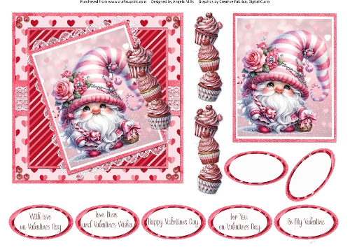 Valentines Gnomes & Bears 5: Pink & White Gnome 6 x 6 Card Front with Topper. Decoupage and Sentiments
