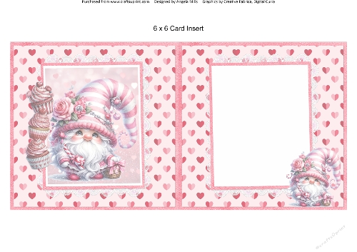 Valentines Gnomes & Bears 5: Pink & White Gnome 6 x 6 Card Insert with Pink Hearts Background