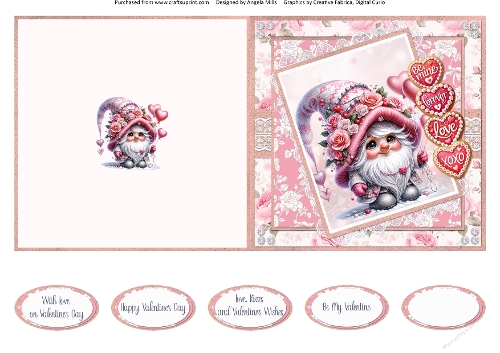 Valentines Gnomes & Bears 6: Pink Gnome & Valentines Cookies 5 x 5 Quick Cut & Fold Card with Sentiments