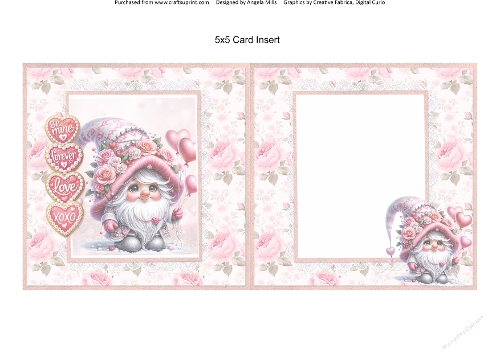 Valentines Gnomes & Bears 6: Pink Gnome & Valentines Cookies 5 x 5 Card Insert with Pink Roses Background