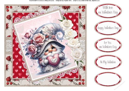 Valentines Gnomes & Bears 6: Silver Gnome & White Roses 8 x 8 Quick Card Front with Sentiments