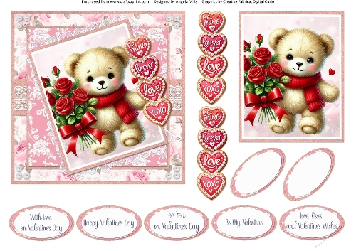Valentines Gnomes & Bears 8: Bear w/Red Rose Bouquet 6 x 6 Card Front with Topper, Decoupage & Sentiments