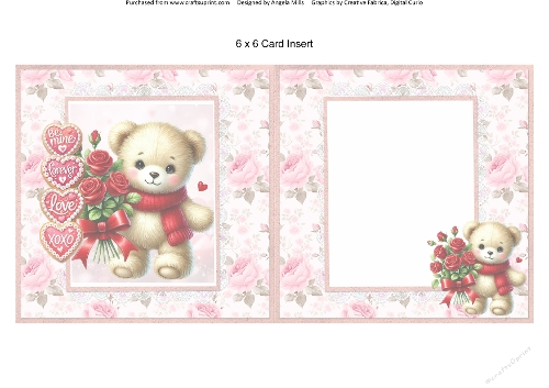 Valentines Gnomes & Bears 8: Bear w/Red Rose Bouquet 6 x 6 Card Insert with Pink Roses Background