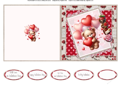 Valentines Gnomes & Bears 9: Bear w/Heart Balloons 5 x 5 Quick Cut & Fold Card with Sentiments