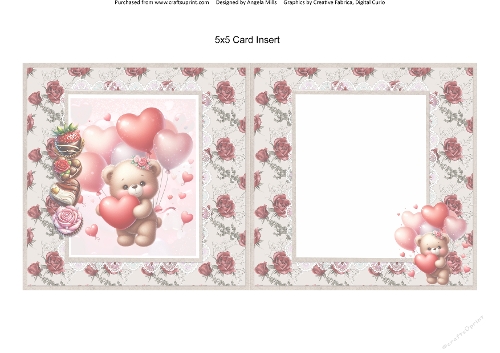 Valentines Gnomes & Bears 9: Bear w/Heart Balloons 5 x 5 Card Insert with Red Roses Background