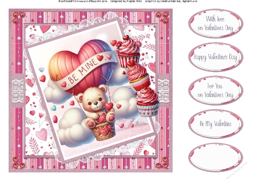 Valentines Gnomes & Bears 10: Hot Air Balloon Bear 8 x 8 Quick Card Front with Sentiments