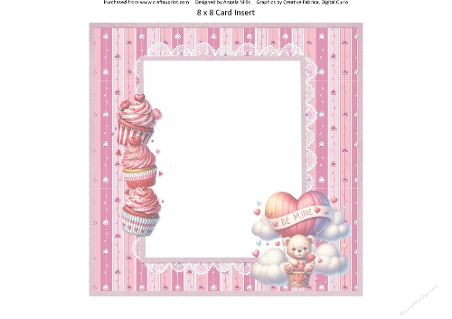 Valentines Gnomes & Bears 10: Hot Air Balloon Bear 8 x 8 Card Insert with Pink Striped Background