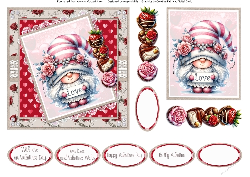 Valentines Gnomes & Bears 11: Pink/White Girl Gnome 6 x 6 Card Front with Topper, Decoupage & Sentiments