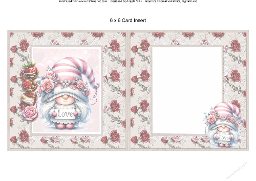 Valentines Gnomes & Bears 11: Pink/White Girl Gnome 6 x 6 Card Insert with Red Roses/Taupe Background