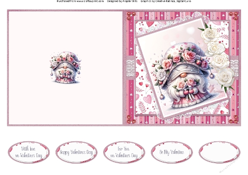 Valentines Gnomes & Bears 12: Bouquet Gnome 5 x 5 Quick Cut & Fold Card with Sentiments